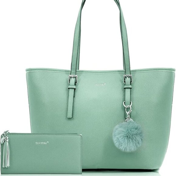 Green Vegan Leather Tote with Matching Wallet and Bag Charm - Picture 1 of 1